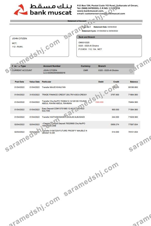 Oman Bank Muscat bank statement